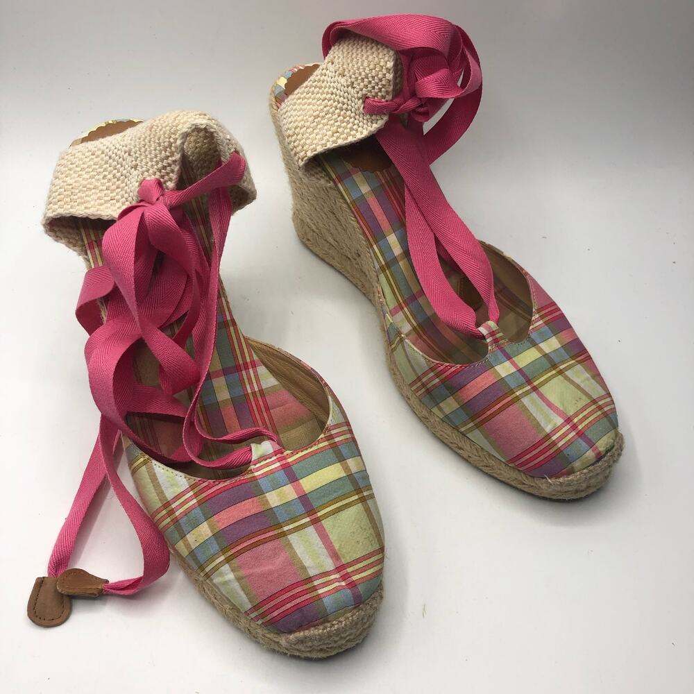 J.Crew Women's Pink Plaid Canvas Lace Up Wedges Size 9